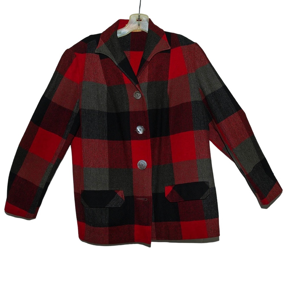 Vintage Pendleton Red & Black & Grey Plaid Jacket- 100% Wool-FANTASTIC in EUC!